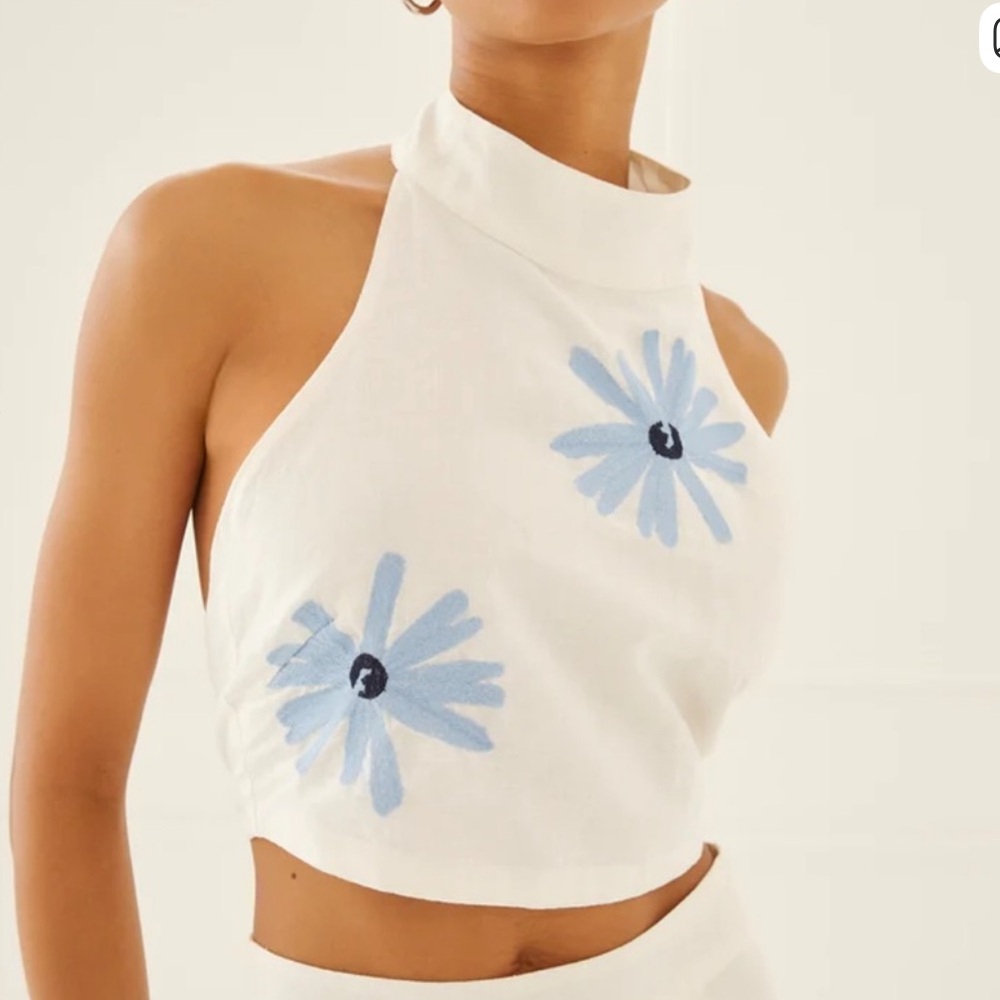 Something Navy White Halter Top with Blue Floral Embroidery